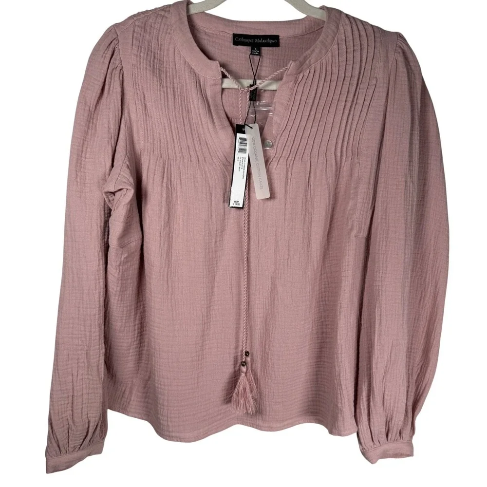 Catherine Malandrino NWT Organic Cotton Gauze Blouse Mauve Pleated Tassel S‎ - Picture 2 of 12